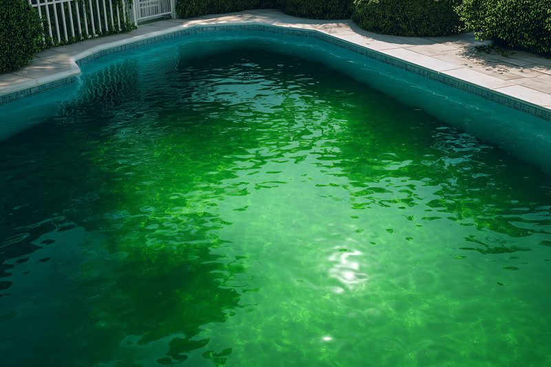 Green algae-filled pool before treatment